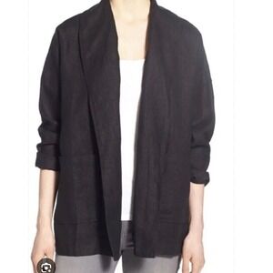 Eileen Fisher Black Heavy Linen Stand Collar Open Front Jacket XS TP